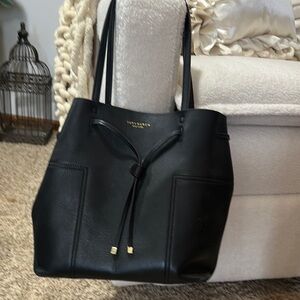 Tory Burch Black Leather Drawstring Tote with Gold Accents